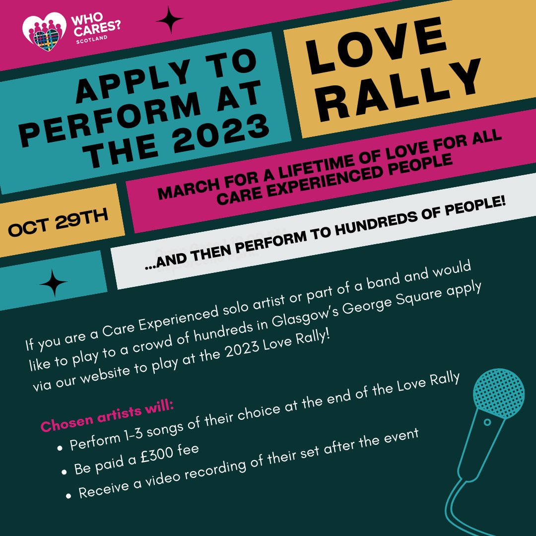 Are you a Care Experienced musician who wants to play to a crowd of hundreds? Apply to perform at this year's Love Rally. Find out more: ow.ly/9jTg50PGSgo