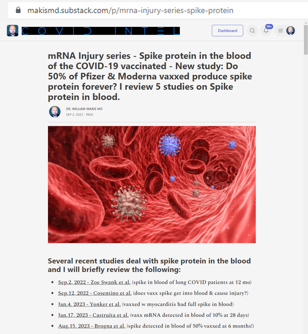 MakisMedicine's tweet photo. NEW ARTICLE: Spike protein in the blood of the COVID-19 vaccinated!

New study: 
Do 50% of Pfizer & Moderna vaxxed produce spike protein forever? 

50% of vaxxed have spike in the blood 6 months or longer

60% of long COVID have spike in blood 12 months or longer

Almost all Long COVID patients are also mRNA jabbed - is spike coming from viral reservoirs or the jab? If you're unlucky, maybe both!

50% of vaxxed who have spike in the blood may have much higher spike concentrations in organs and tissues, and spike is spilling over into the blood.

Lipid Nanoparticles with mRNA leak into the blood from vaxx injection site for up to 28 days! They circulate and dump mRNA into organs and tissues, that's how spike gets expressed there!

Vaxxed with myocarditis have spike in blood, while vaxxed without myocarditis don't have any!

Guess what, men and women with vaxx myocarditis have SAME LEVELS OF SPIKE in the blood!

Vaxx Spike is causing the vaxx injuries!

Spike detoxing is more crucial now than ever.
Another article on latest on spike detoxing is coming soon.

Article Link in photo to avoid Twitter shadowban, just re-type URL into your browser!

#DiedSuddenly #cdnpoli #ableg