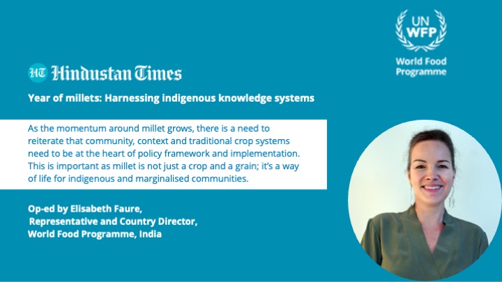 Read an Op-ed by <a href="/Elisabeth_WFP/">Elisabeth Faure</a> Country Director <a href="/UNWFP_India/">World Food Programme in India</a>  in <a href="/htTweets/">Hindustan Times</a> titled Year of millets: Harnessing indigenous knowledge systems.
<a href="/NITIAayog/">NITI Aayog</a> <a href="/WFPAsiaPacific/">WFP Asia Pacific</a> <a href="/ICRISAT/">ICRISAT</a> <a href="/WFP/">World Food Programme</a> 
hindustantimes.com/ht-insight/gov…