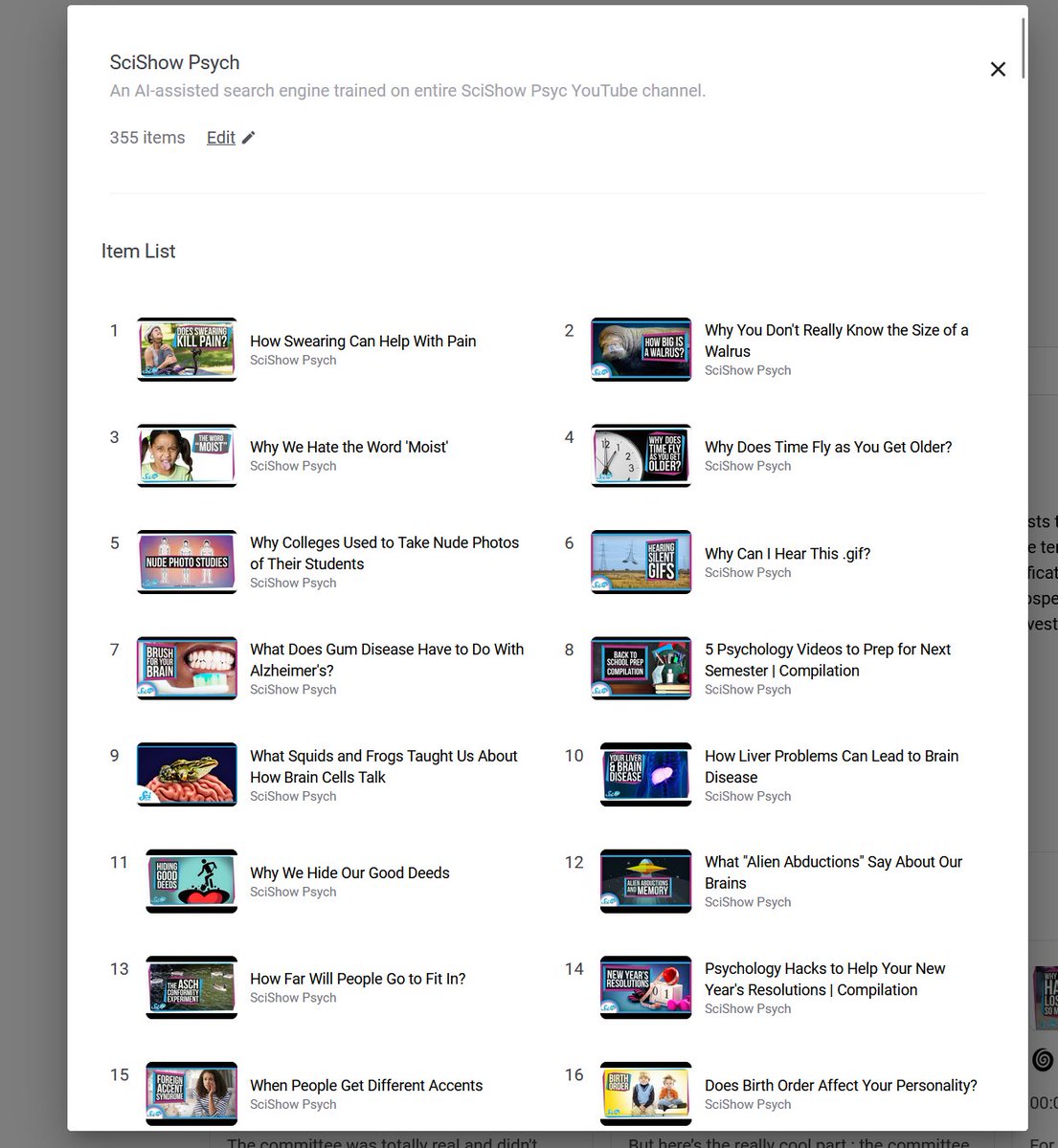 0xTahin's tweet photo. New Alphy Arc on 355 videos of SciShow Psych @scishow

Search with AI, read summaries, access transcripts for the entire content of the channel

Link below https://t.co/Nqgfc8PoPB