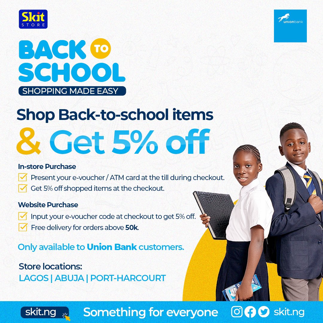 UNIONBANK_NG's tweet photo. Back to school made easy!
Shop for back to school essentials at @Skitng Stores and enjoy a 5% off purchases when you pay with your Union Bank debit card.
#DiscountSaturday https://t.co/KAdU1pI6lB