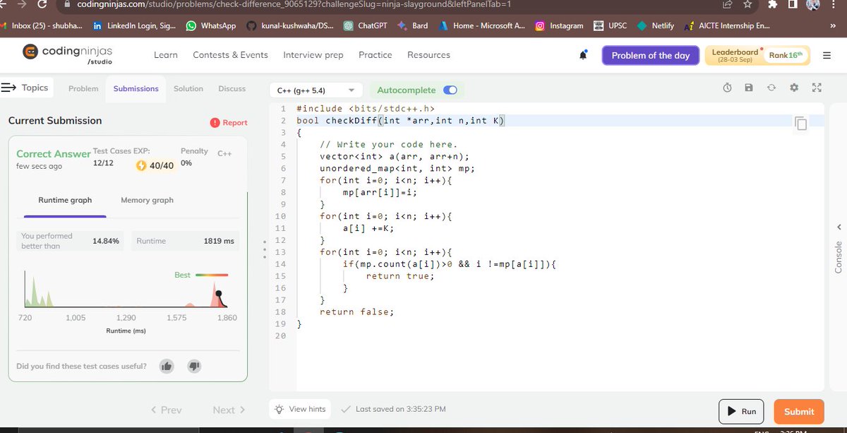 ShubhamBhoite98's tweet image. Day : 21/21                    
Challenge by Coding Ninja                                 
Topic :  Check Difference.
@CodingNinjasOff @drinkslaycoffee
#NinjaSlayground #CodingNinjasStudio