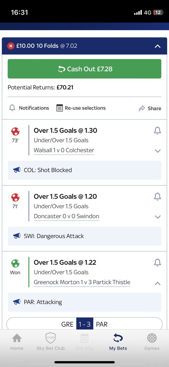 92MortonC's tweet photo. What’s with the ridiculously shit cash out @SkyBet ??? 8 out of 10 of my 10 fold are in and your cash out amount is 70% of the stake? No profit? Why https://t.co/XP03ufa1Sz