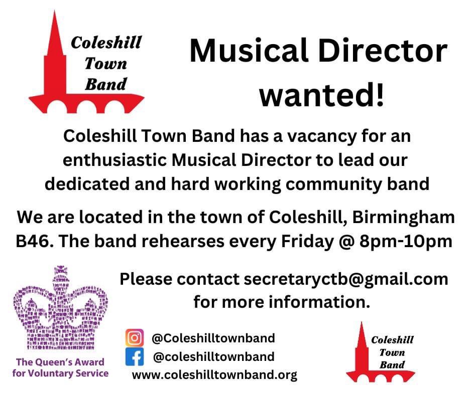 ColeshillBand's tweet photo. Coleshill Town Band has a vacancy for an enthusiastic Musical Director to lead our dedicated and hard working community band !
Please contact secretaryctb@gmail.com for more Info!
#musicaldirector #brassband https://t.co/D7NVyk579u