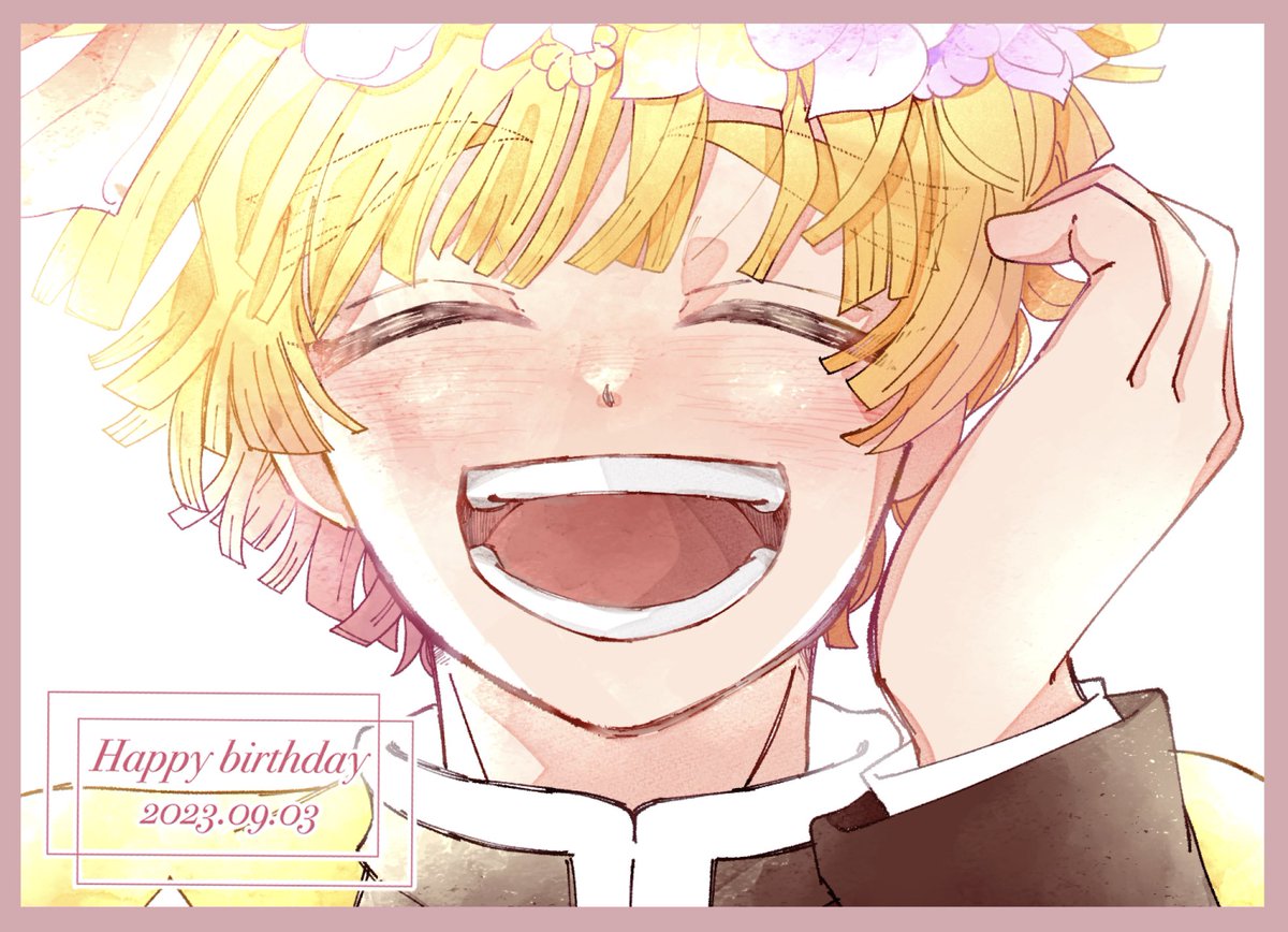 1boy male focus blonde hair closed eyes solo smile open mouth  illustration images