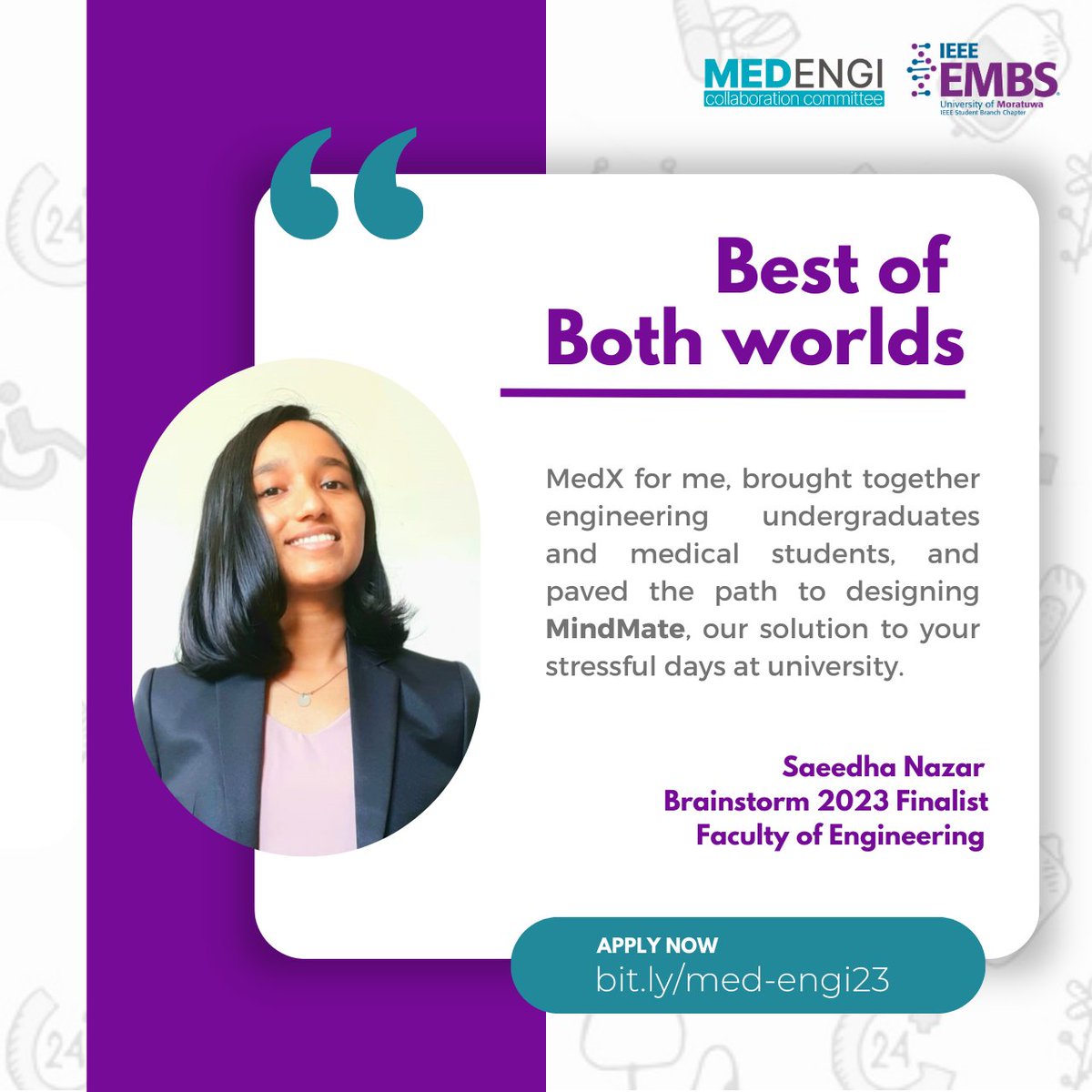 Discover MedX through the words of one of our own Saeedha Nazar - a finalist at Brainstorm 2023✨

Join us for MedEngi '23 and seize this amazing opportunity;

Registration: bit.ly/med-engi23 

Booklet: bit.ly/med-engi-bookl… 

#EMBS #IEEE #UoM