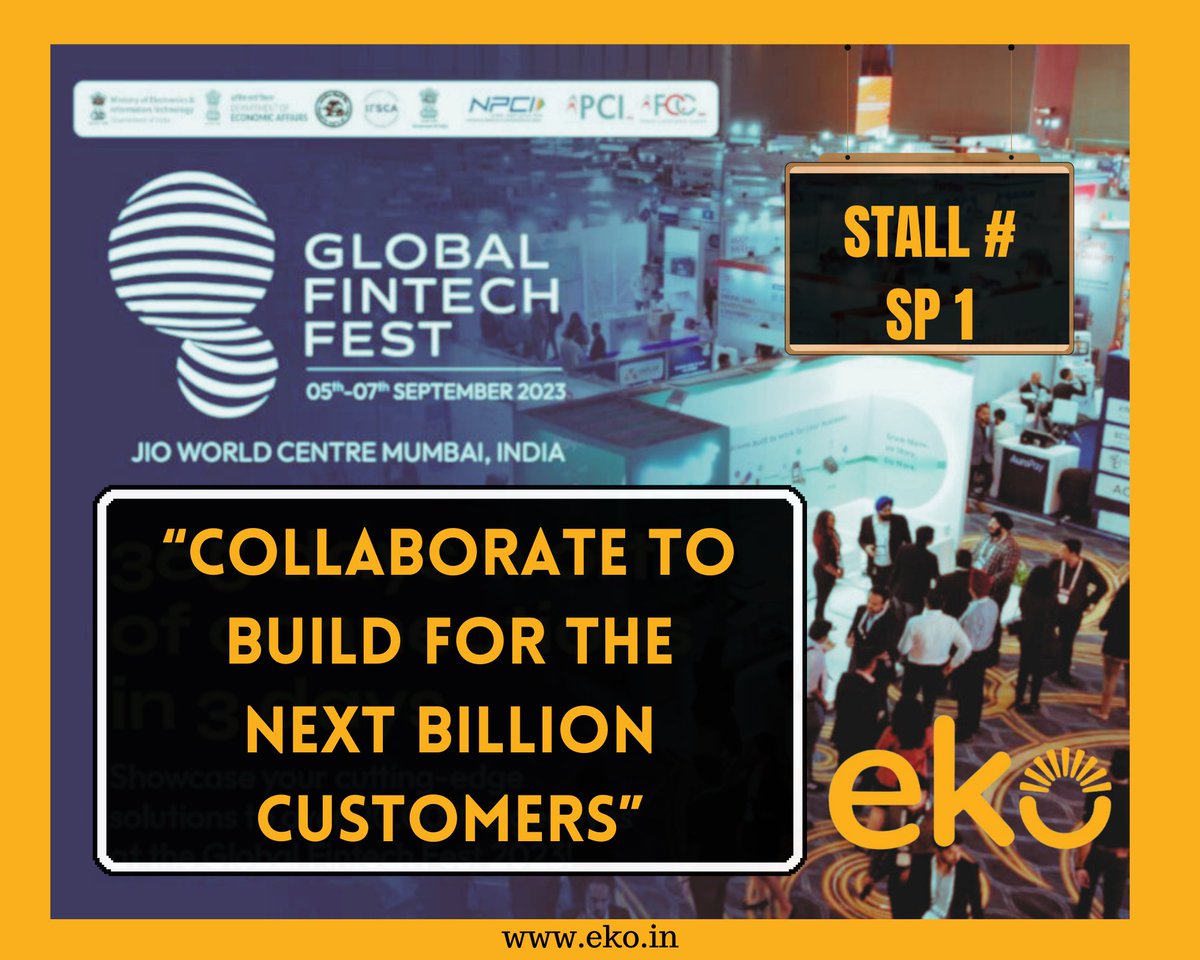 Journey of Innovation: Connect with <a href="/ekospeaks/">Eko</a>  Team at GFF 2023.
Find us at Stall #SP1.
Join us in our mission to create micro-entrepreneurs &amp; impact Bharat's economy.
#ekoevent #ekoTeam #microentrepreneurs 
#globalfintechfest2023 #financialinclusion #digitalfinance #gff #eko