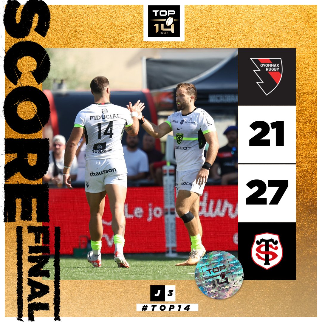 top14rugby's tweet photo. #TOP14 #OYOST - J3
🥇 Le choc des champions remporté par le @StadeToulousain, qui vient s'imposer sur les terres d'Oyonnax https://t.co/NO5PztnKfN