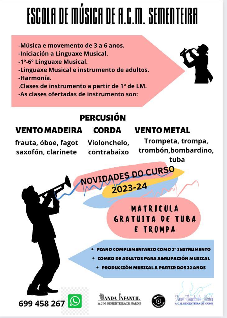 XoveBandaNaron's tweet photo. A partir deste luns 4 de setembro e ata o día 16 abrimos o prazo de matrícula na nosa escola de música para o curso 2023-2024.
#Sementeira #Narón #XBN https://t.co/6TVKtcZnjx