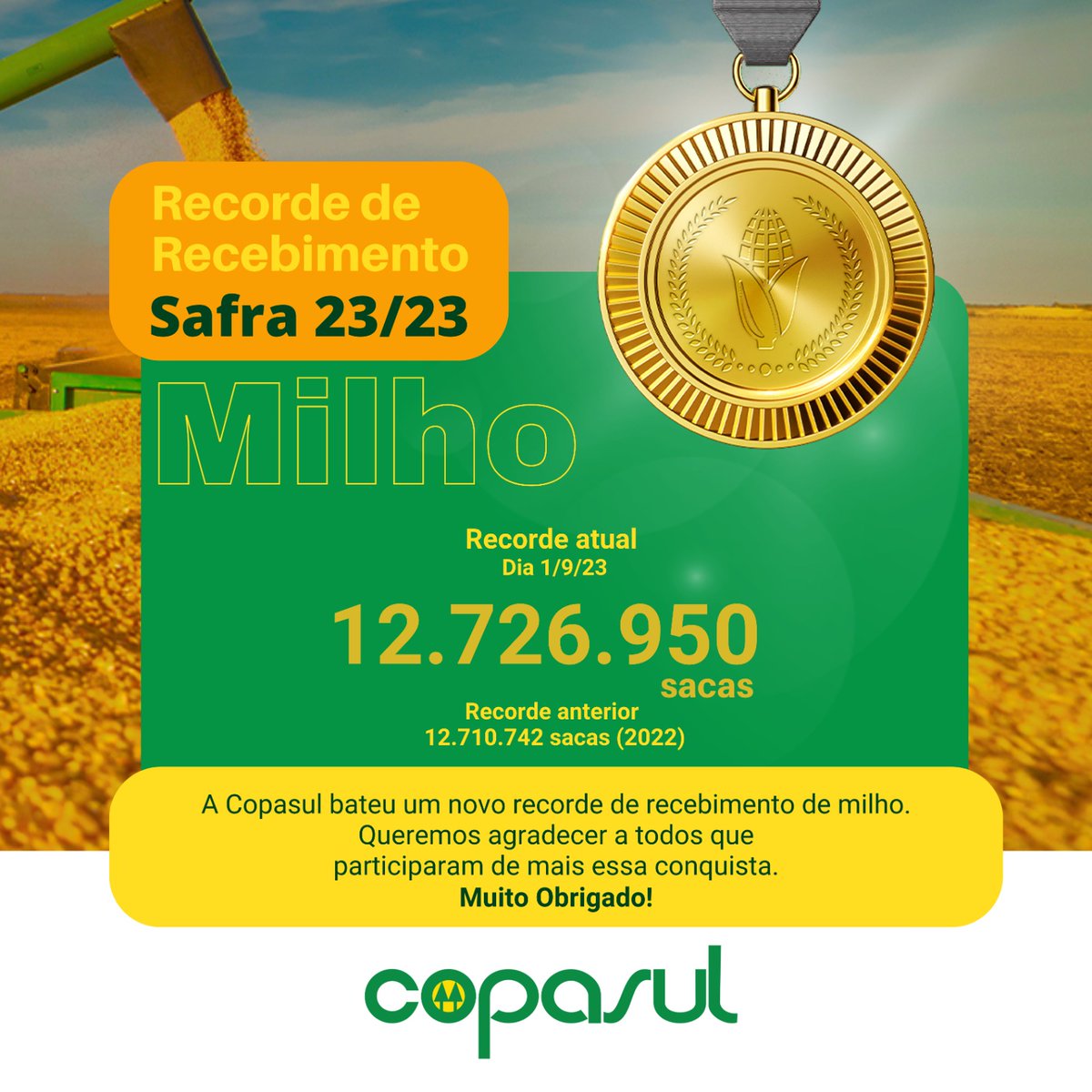 copasulcoop's tweet photo. A Copasul bateu um novo recorde de recebimento de milho e nós queremos agradecer a todos que participaram de mais essa conquista. Muito obrigado! https://t.co/nOclrblKBT