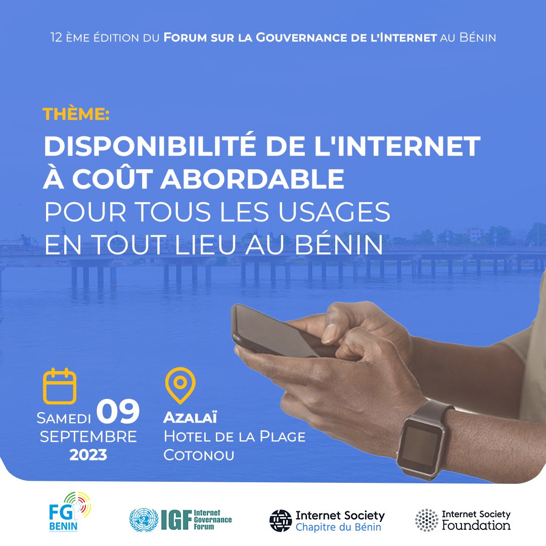 📢 Ne manquez pas la 12e édition du FGI-Bénin, le Forum sur la Gouvernance de l'Internet au Bénin (FGI Bénin) ! C'est dans presque deux semaines, le samedi 09 Septembre 2023. 

Inscrivez-vous dès maintenant ici : 2023.fgi.bj/inscription/ pour vivre l'un des meilleurs moments