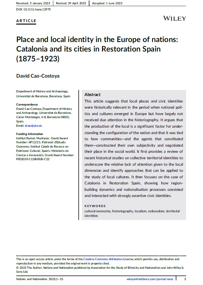 🎈🎈Place and local identity in the Europe of nations: Catalonia and its cities in Restoration Spain (1875–1923) | David Cao-Costoya 🎈🎈🎈 onlinelibrary.wiley.com/doi/epdf/10.11… @n_nationalism @WileyGlobal @ContemporaniaUB @iramunt @EstudisOsonencs @Ipatrimoni @poscom_2022