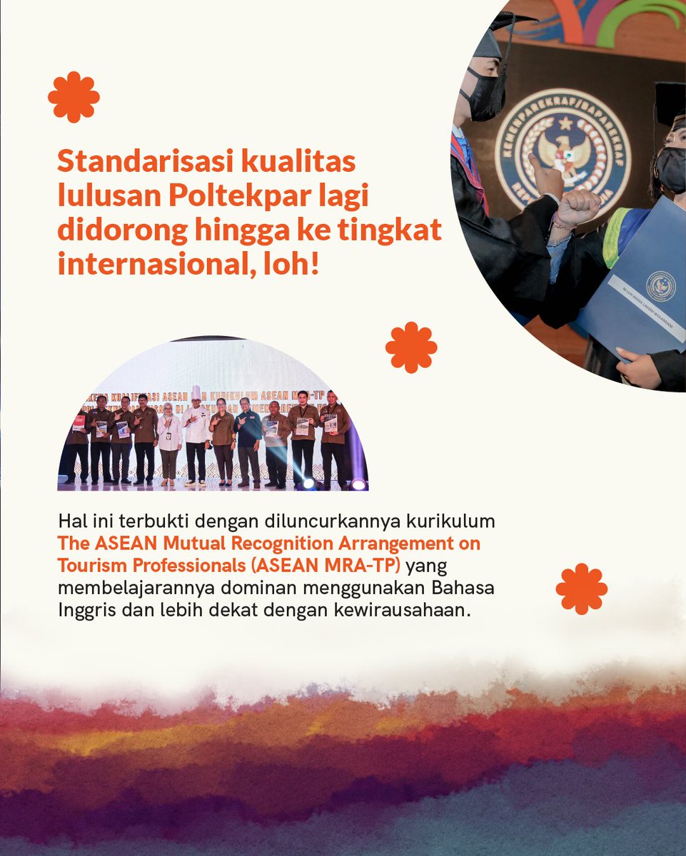 KemenPariwisata's tweet photo. 🤫 ADA YANG BARU, LOH! 🤫

Kemenparekraf baru saja merilis kurikulum ASEAN untuk politeknik pariwisata! 🤩✨

Dengan berbagai peningkatan dan pendekatan berbeda, kurikulum ini dibuat untuk menyiapkan lulusan yang siap bersaing hingga ke tingkat internasional! 👨🏻‍🎓👩🏻‍🎓

Kemenparekraf yakin, kualitas sumber daya manusia yang unggul akan mampu membangkitkan ekonomi serta membuka peluang usaha dan lapangan kerja bagi Indonesia! 🇮🇩

#WonderfulIndonesia
#ASEAN2023
#ASEANSummit2023
#ASEANIndonesia2023
#IndonesiaLeadsASEAN
#IndonesiaforASEAN
#ASEANMatters
#CenterOfGrowth
