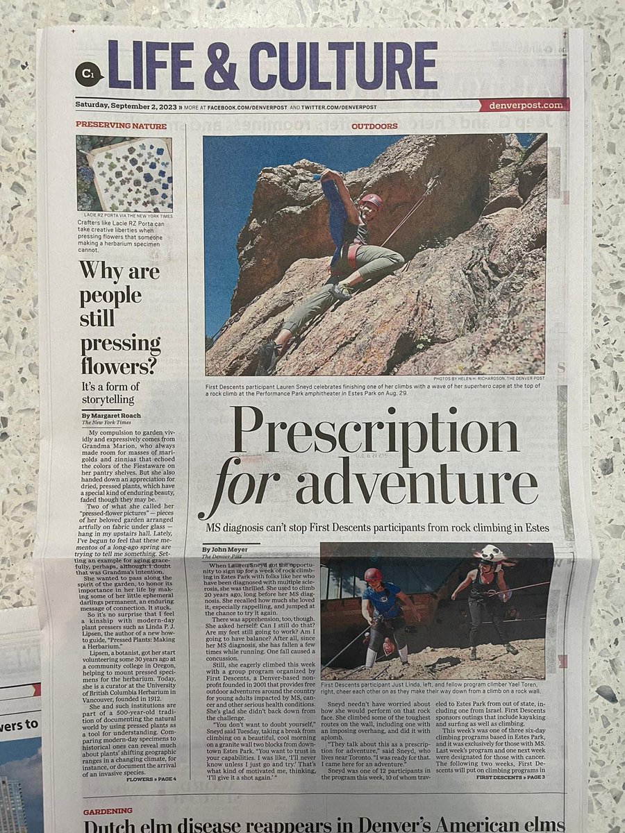 laurensneyd's tweet photo. Just back from an empowering week of MS rock climbing in #EstesPark Colorado w @FirstDescents - we made the front page of today's @denverpost ! https://t.co/ePw0nZytaJ