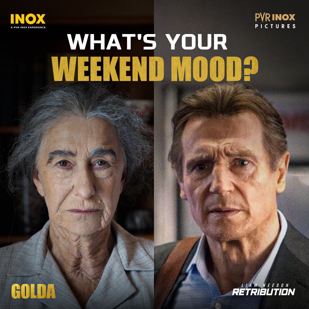 In the mood for some high-octane action or intense drama? 🤔 Whatever your weekend mood is! We’ve got you covered. 👍🏻 #Golda and #Retribution now screening in cinemas! Ticket link: linktr.ee/pvr.pictures . . . #GoldaMeir #HelenMirren #Retribution #LiamNeeson #PVRINOXPictures