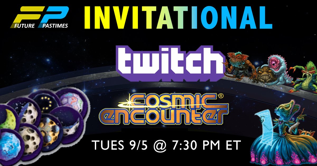 bit.ly/FuturePastimes…
It's been a while, but the next Future Pastimes Invitational is set for Tuesday, Sept 5 at 7:30 pm et. Jack Reda met a group of fans at GenCon and promised them a game of #CosmicEncounter. Watch it live on #Twitch. #tts
