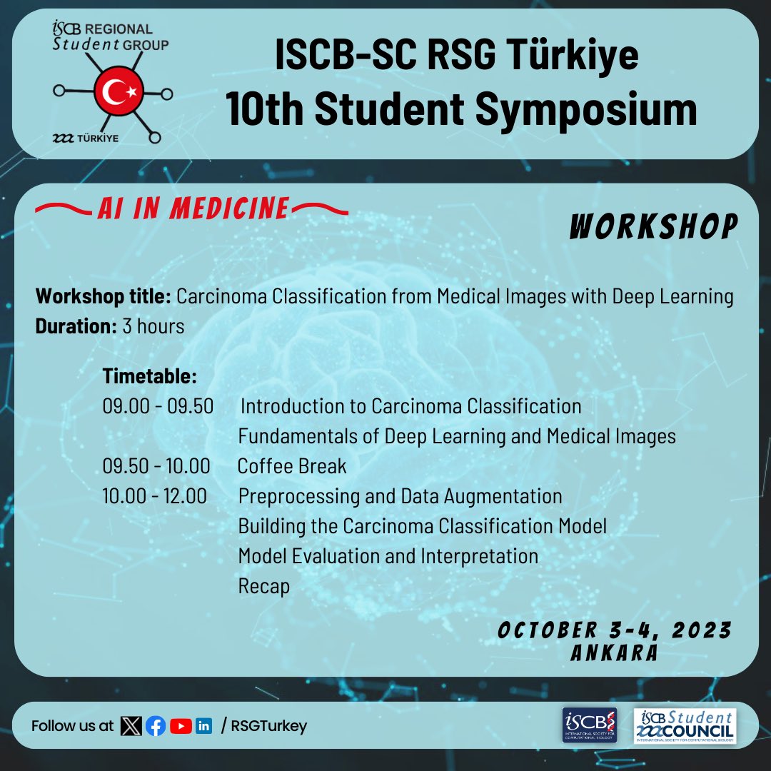 RSGTurkey's tweet image. 📣 Get Ready for an In-depth Workshop at the 10th ISCB-SC Turkey Student Symposium! 🧠🔬
🎉 We're thrilled to announce that Dr. Ravza Gür will be conducting an enlightening workshop on "Carcinoma Classification from Medical Images with Deep Learning."