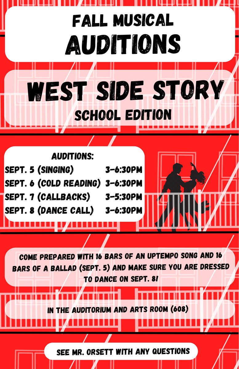 Interested in doing West Side Story? Auditions are THIS WEEK in the auditorium and arts room (608)‼️ If you have any questions, see Mr. Orsett. We hope to see you there! @WakefieldHS @WakefieldStrong
