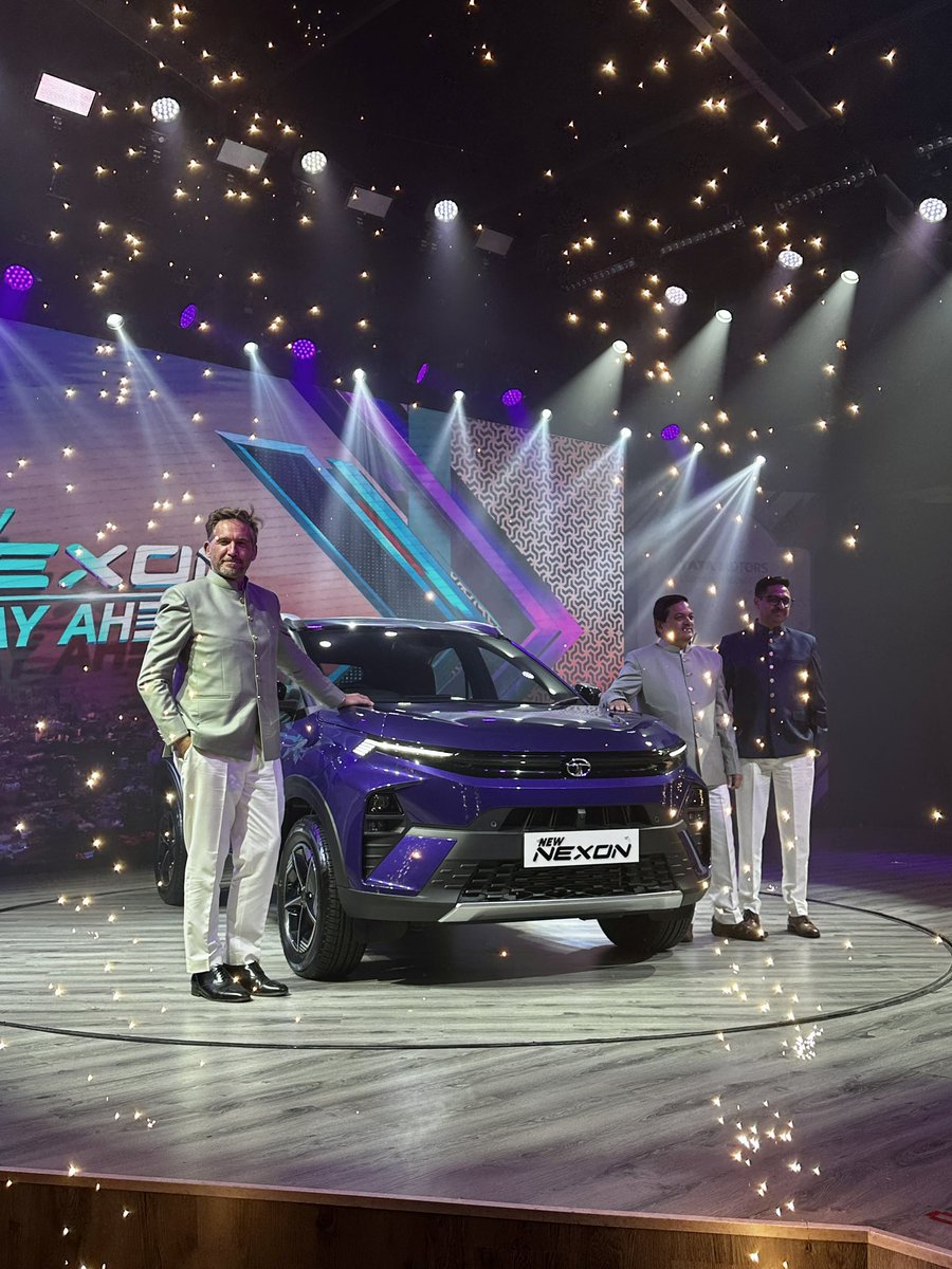 Tata Motors officially unveils the new 2023 Nexon. On stage at Jaipur where it is being showcased are Martin Ulharik, Chief Design Officer, Mohan Savarkar, Chief Product Officer and Vinay Pant, Marketing Head - PV Business <a href="/TataMotors/">Tata Motors</a> <a href="/businessline/">businessline</a> #TataNexon #WayAhead #NewNexon
