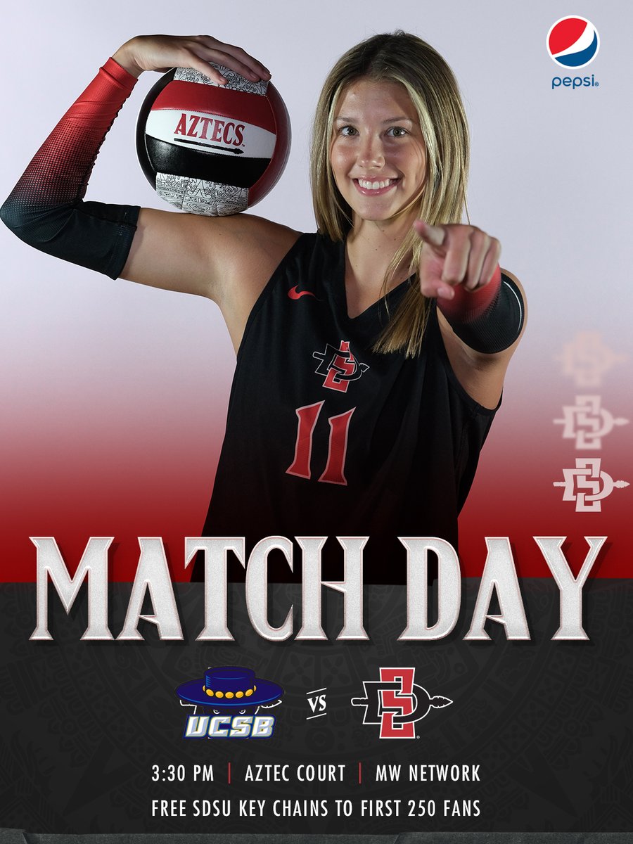 Back at it with a Saturday skirmish vs. UCSB at 3:30 pm. It's Faculty/Staff Appreciation Day + the first 250 fans will receive a free SDSU key chain. #GoAztecs

📺 MW Network: tinyurl.com/yrkvw6vd
📊 Live Stats: tinyurl.com/32cr9sv8
🎟️ Tickets: tinyurl.com/42kvxvsx