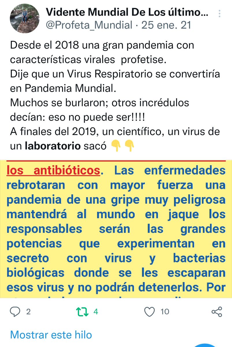Profeta_Mundial's tweet photo. Trascurría el 2019 y miles de personas se estaban manifestando 🌎 por las injusticias de sus respectivos gobernantes pero apareció el 🐛 en acción y la única forma de parar las manifestaciones era que entrara el 🧪 donde el 2020 dieron cuarentena 🌎 y todos encerrados.
Sacaron la supuesta dosis 💉 para contrarrestar.
Esto ya lo venía prediciendo desde el 2018 que aparecería un resfriado y lo convertirían en Pandemia Mundial para que las personas se fueran preparando a lo que tramaba la élite del mal que es quebrantar la economía de los paises y reducir la mayor vida existente en general pero para eso diseñaron un plan macabro como realizarlo a través de la manipulación del miedo extremo y en la dosis que sacarían 💉colocar otro componente para ir viendo como les salia el 🧪.
Lo que estoy haciendo es un repaso para que ustedes sepan que fuimos las primeras en decir lo que sucedería y afirmó con pantallazo ya que lamentablemente los blogs nos lo bajaron.
Mis seguidores antiguos saben que lo que decimos es verdad porque nos vienen leyendo de años.
También venimos diciendo que esto no terminará y nuevas pandemias sacarán en especial este 2023 harán lo posible para encerrarnos y seguir con su plan perverso.
Afirmó mis predicciónes porque se nos revela para que ustedes no vivan en la ignorancia de lo que seguirá sucediendo.
No somos cualquier vidente sino las videntes del Todopoderoso Jehová.
El que tenga oídos escuché el mensaje.
Ustedes tienen libre albedrío de tomar las precauciones o desecharlas.