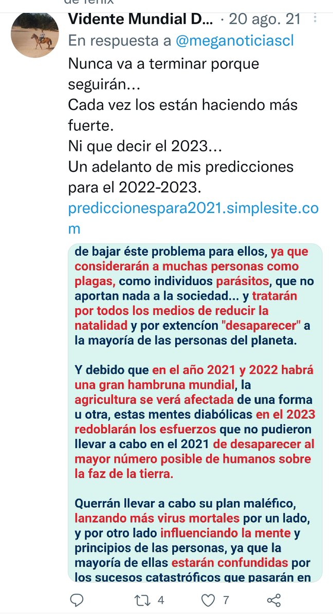 Profeta_Mundial's tweet photo. Trascurría el 2019 y miles de personas se estaban manifestando 🌎 por las injusticias de sus respectivos gobernantes pero apareció el 🐛 en acción y la única forma de parar las manifestaciones era que entrara el 🧪 donde el 2020 dieron cuarentena 🌎 y todos encerrados.
Sacaron la supuesta dosis 💉 para contrarrestar.
Esto ya lo venía prediciendo desde el 2018 que aparecería un resfriado y lo convertirían en Pandemia Mundial para que las personas se fueran preparando a lo que tramaba la élite del mal que es quebrantar la economía de los paises y reducir la mayor vida existente en general pero para eso diseñaron un plan macabro como realizarlo a través de la manipulación del miedo extremo y en la dosis que sacarían 💉colocar otro componente para ir viendo como les salia el 🧪.
Lo que estoy haciendo es un repaso para que ustedes sepan que fuimos las primeras en decir lo que sucedería y afirmó con pantallazo ya que lamentablemente los blogs nos lo bajaron.
Mis seguidores antiguos saben que lo que decimos es verdad porque nos vienen leyendo de años.
También venimos diciendo que esto no terminará y nuevas pandemias sacarán en especial este 2023 harán lo posible para encerrarnos y seguir con su plan perverso.
Afirmó mis predicciónes porque se nos revela para que ustedes no vivan en la ignorancia de lo que seguirá sucediendo.
No somos cualquier vidente sino las videntes del Todopoderoso Jehová.
El que tenga oídos escuché el mensaje.
Ustedes tienen libre albedrío de tomar las precauciones o desecharlas.