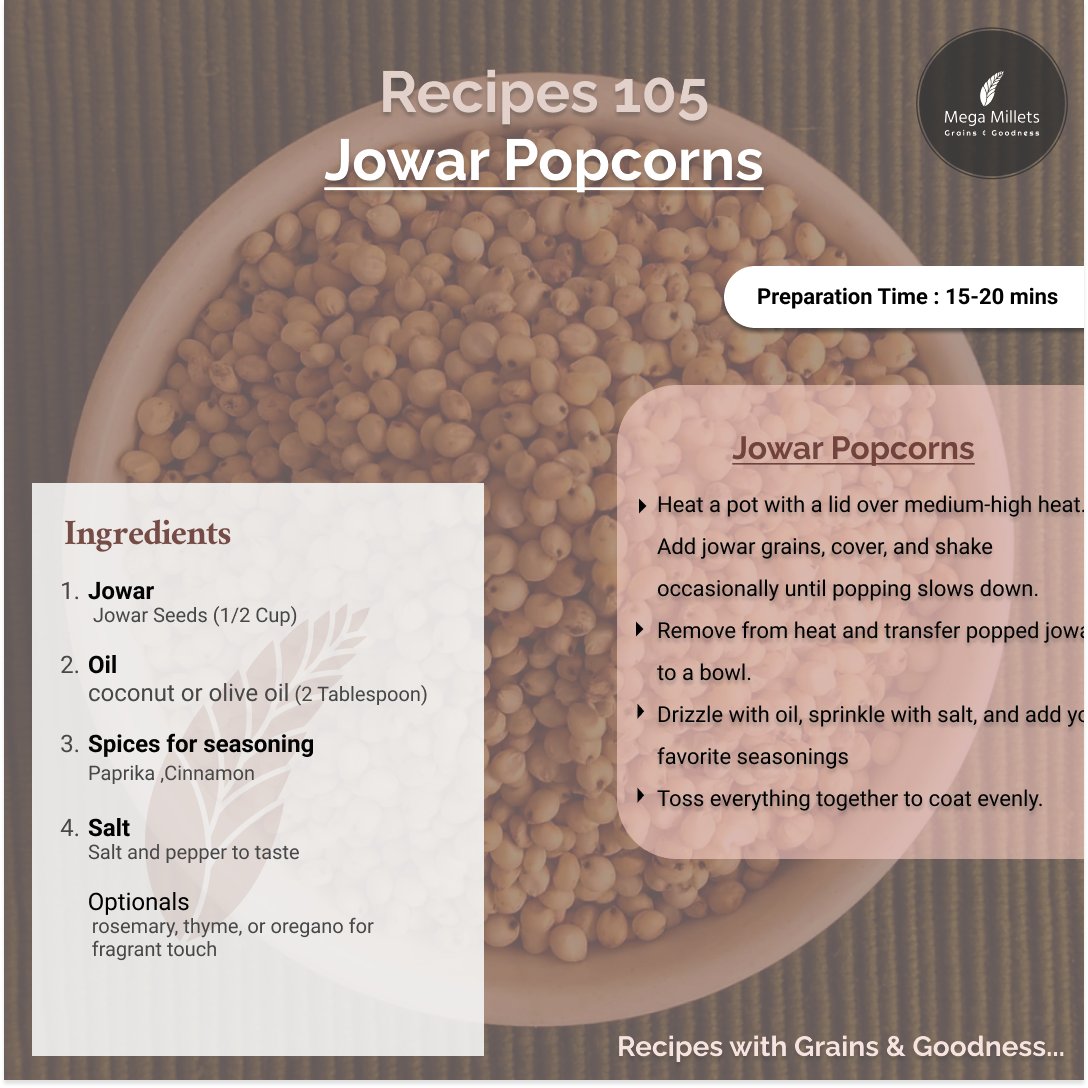 MegaMillets's tweet photo. 🌽 Crunchy Jowar Popcorns - Your New Snack Obsession! 🌽

Satisfy your snack cravings with our Jowar Popcorns: a wholesome twist on a classic favorite. These crunchy delights are perfect for guilt-free munching anytime, anywhere. 😋

#SnackTime #millets #healthysnacks #popcorn https://t.co/lMBPeRwCJv