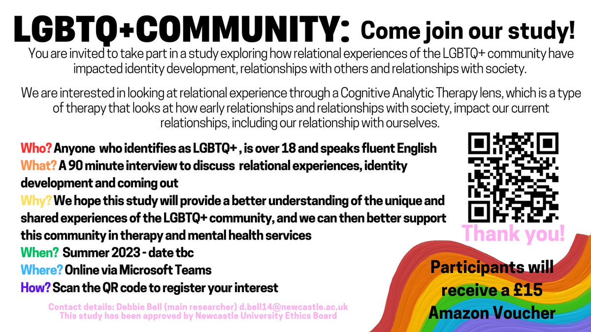 debbiecharis's tweet photo. LGBTQ+ community - please come and be part of my research! Register here https://t.co/xz1mZ6S873. I am recruiting participants for interviews exploring relational experience, see more info below. #LGBTQIA #BAME #Pride2023 #mentalhealthresearch #dclin #LGBTQ #blackpride #research https://t.co/qL2Nm6Siaw