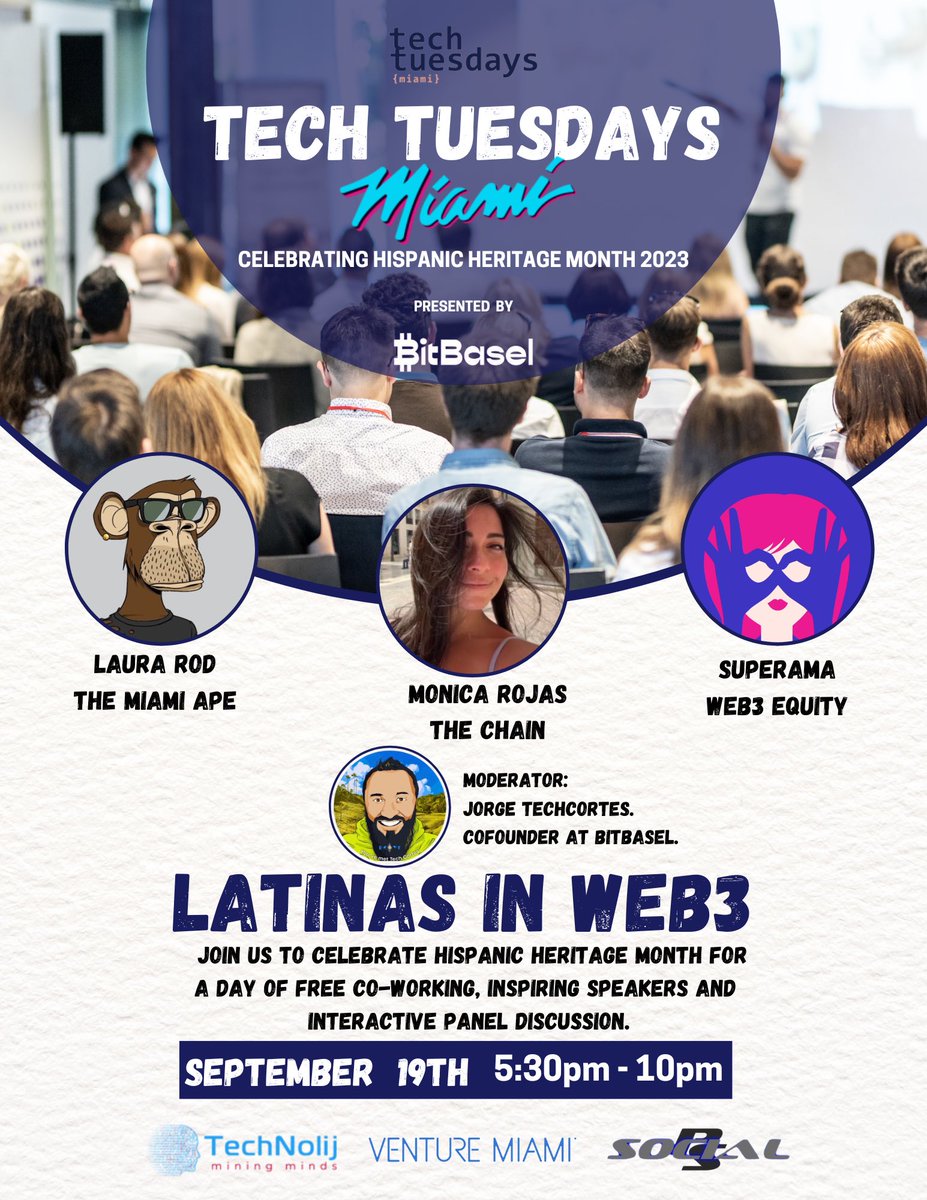 We are excited to welcome everyone once again at <a href="/TechTuesdaysMIA/">Tech Tuesdays Miami</a> to celebrate #HispanicHeritageMonth 2023 ! 

Join us at PS Social along with @thesuperama <a href="/TheMiamiApe/">Laura Rodriguez🌴</a> &amp; <a href="/LaMoniRojas/">Monica</a> for a panel discussion about #Latinas in Web3

THANK YOU ALL organizations supporting us and