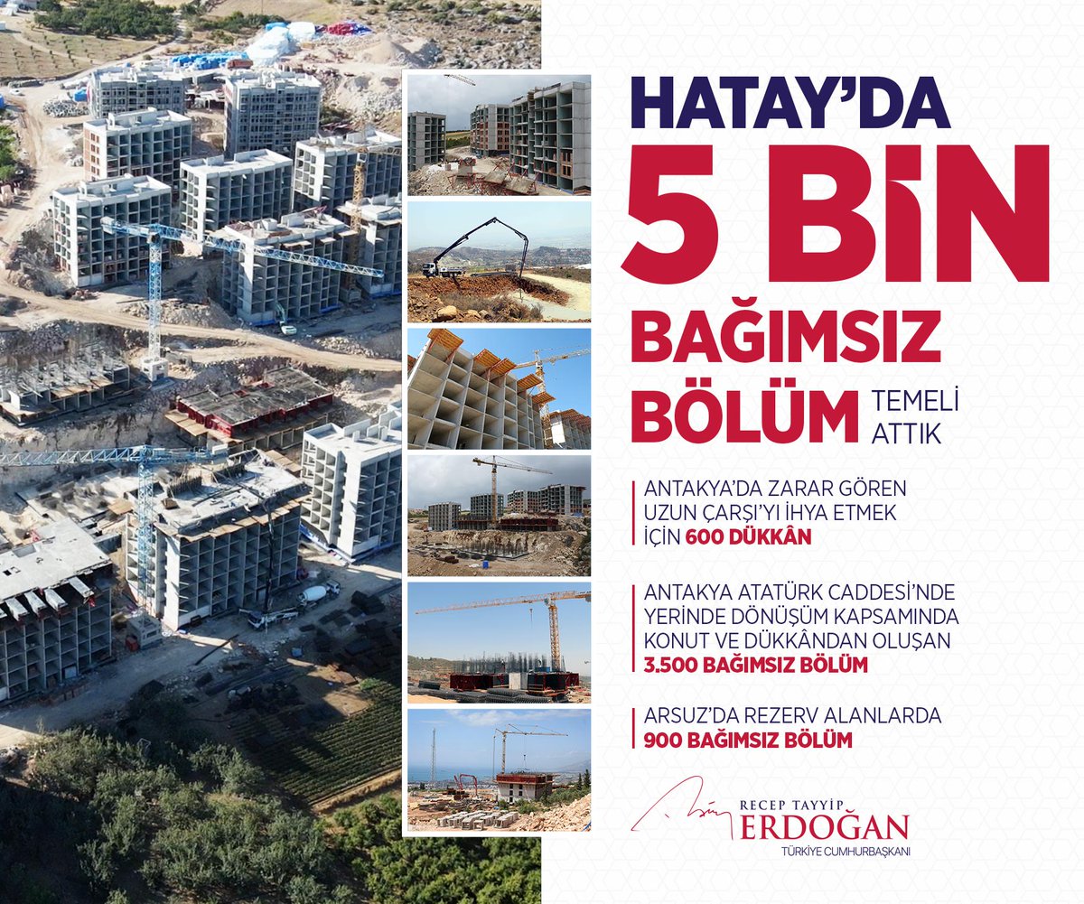 RTErdogan's tweet photo. Hatay’da 32 bin 600 konut, 7 bin 800 köy evi ve depo olmak üzere toplam 40 bin 400 bağımsız bölümün inşası devam ediyor.

Bugün temelini attığımız 5 bin bağımsız bölümle bunlara yenilerini ekledik. Depremin yıktığı şehirlerimizi Allah’ın izniyle ayağa kaldırmakta kararlıyız. https://t.co/wtVaV0QFRu