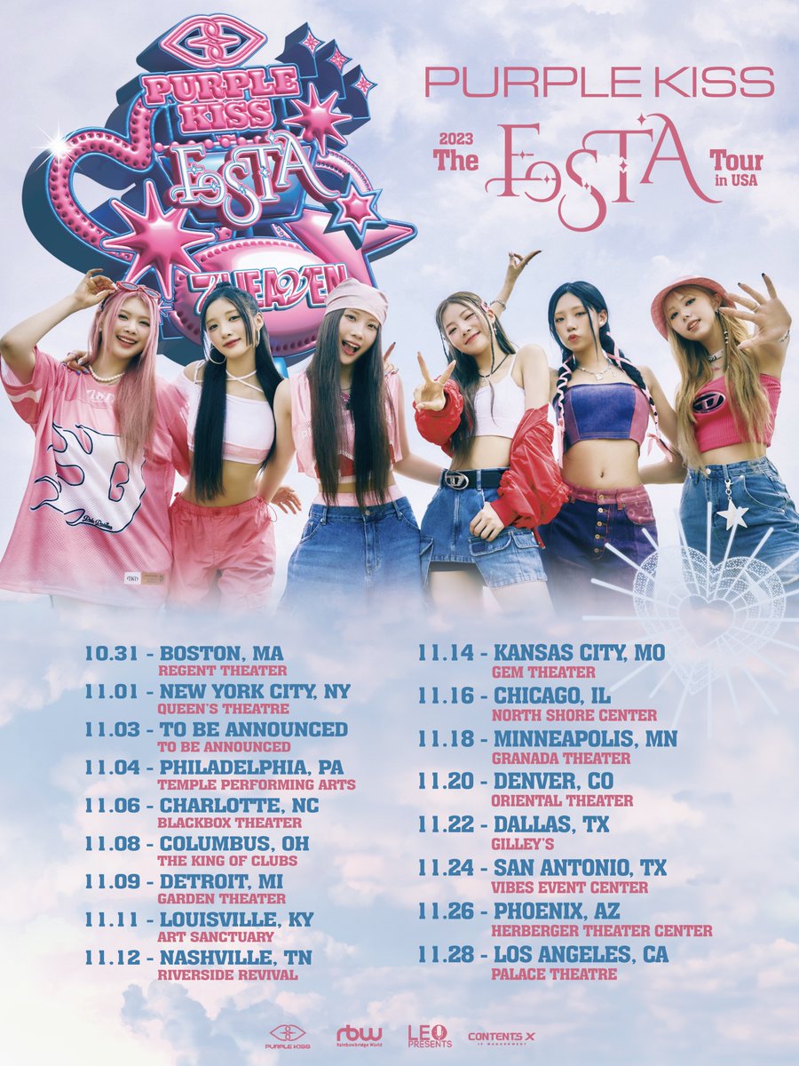 LeoPresents's tweet image. 💥 JUST ANNOUNCED! 💥
➔ @RBW_PURPLEKISS 💜
➔ 2023 The FESTA Tour in USA
➔ 1st American Tour
⚡️ 𝐆𝐞𝐧𝐞𝐫𝐚𝐥 𝐒𝐚𝐥𝐞: Sep 4 (Mon) 10am CST onwards via ticketweb.com
#퍼플키스 #PURPLE_KISS
#PURPLE_KISS_THE_FESTA_TOUR