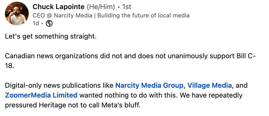 Michael Geist (@mgeist) on Twitter photo .<a href="/charleslapointe/">Chuck Lapointe</a>, Co-Founder and CEO of Narcity:
“Let's get something straight. Canadian news organizations did not and does not unanimously support Bill C-18.”
linkedin.com/feed/update/ur… .<a href="/charleslapointe/">Chuck Lapointe</a>, Co-Founder and CEO of Narcity:
“Let's get something straight. Canadian news organizations did not and does not unanimously support Bill C-18.”
linkedin.com/feed/update/ur…