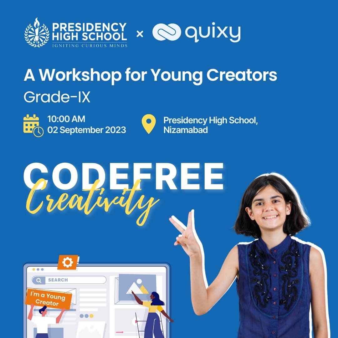 phsnzb's tweet photo. Exciting news! Presidency High School &amp; @QuixyOfficial present Codefree Creativity workshop for Class 9 students. Websites, apps, and more without coding. Boosting noncoding skills for limitless creativity in the digital age. #Coding #Learning #NoCode #PHSNZB https://t.co/QtA14CdhsR