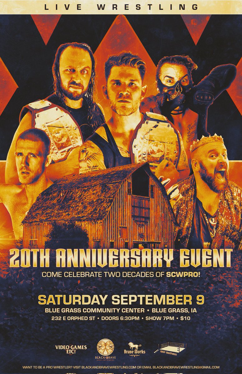 SCWPro's tweet photo. We are just ONE WEEK away from our 20th Anniversary Event at the Blue Grass Community Center!

You won't want to miss this historic night as we celebrate two decades of hard-hitting, high-flying action!

🔹 7pm start
🔹 Tickets just $10

Be there! #SCWPro20 https://t.co/ARqV6FJ9NB