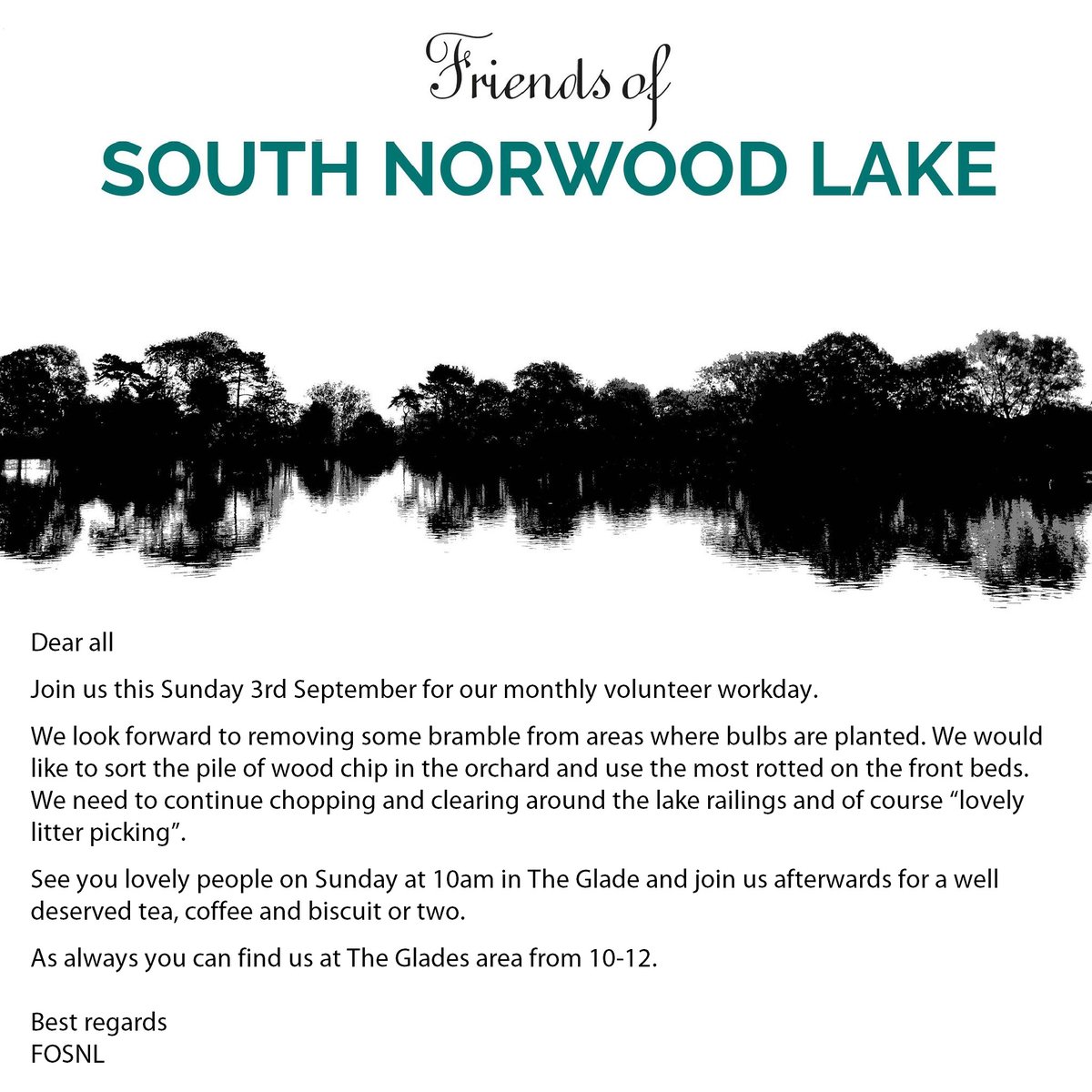 Friends of South Norwood Lake & Grounds have their monthly volunteer day tomorrow, Sunday 3rd September.

Details below.  For more information visit 
friendsofsouthnorwoodlake.org.

#southnorwood #southnorwoodlake #se25 #community #croydon #autumn2023