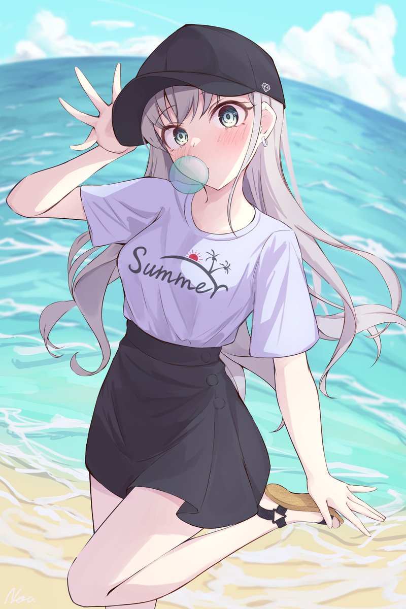 hisakawa hayate 1girl hat solo chewing gum skirt shirt ocean  illustration images