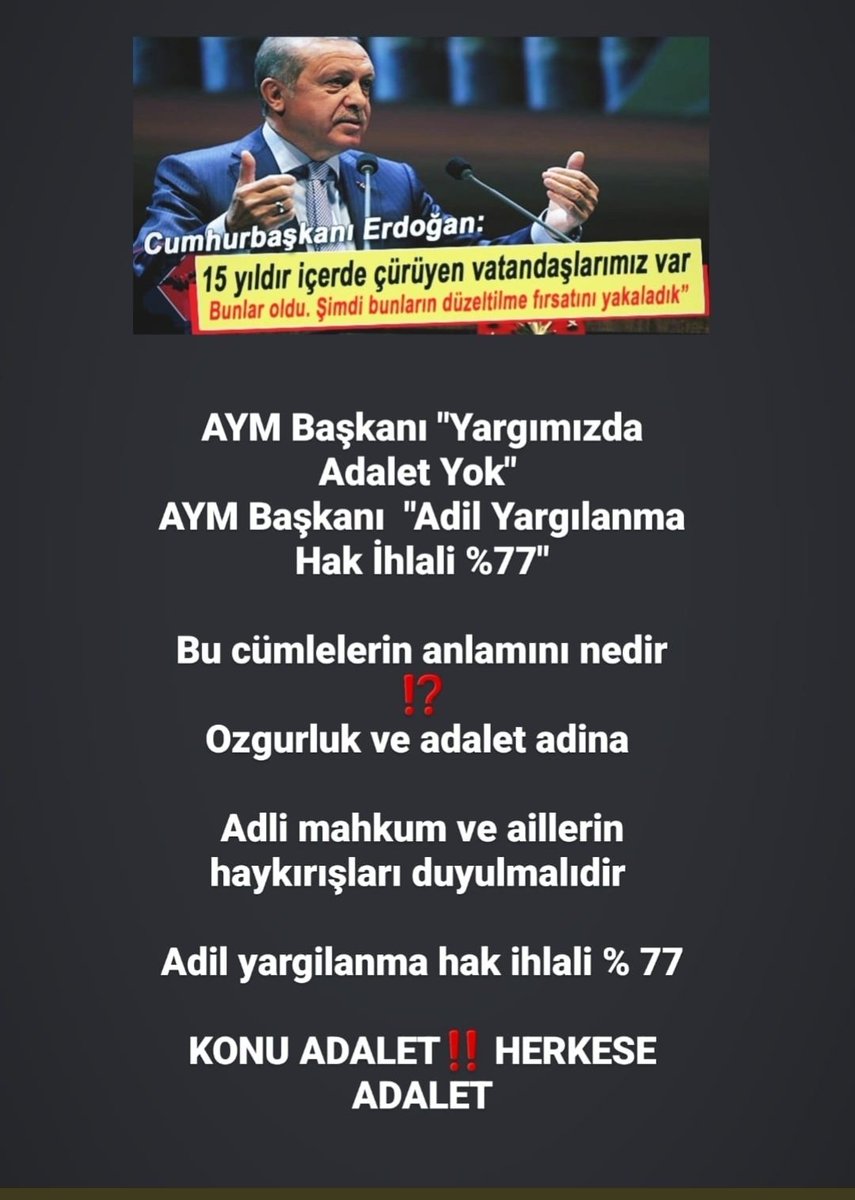 AFSebeplerini MedyaGizliyor ‼️Adil yargılanma hak ihlali %77‼️ Her 3 kişiden 2 si ya sucuyla orantısız ceza almış‼️ya da işlemedigi suçun cezasını çekmek zorunda kalmış🆘️ Masum olup ceza çekenlere ÖZGÜRLÜK istiyoruz📢 @yilmaztunc @YildizFeti @RTErdogan @kilicdarogluk