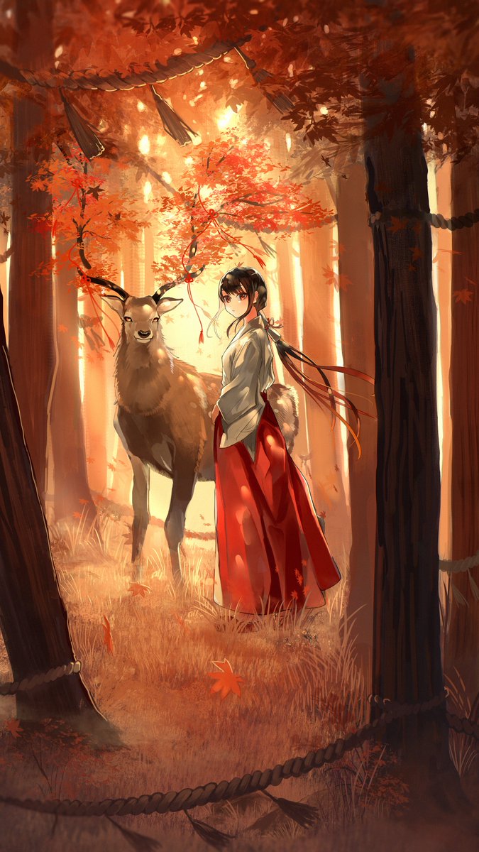1girl miko japanese clothes long hair deer tree red hakama  illustration images