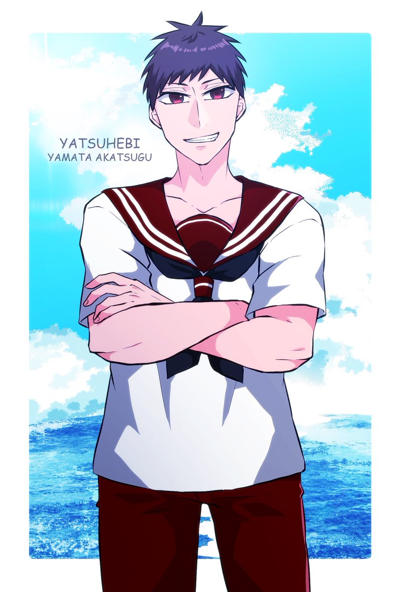 1boy crossed arms male focus solo smile sailor collar pants  illustration images