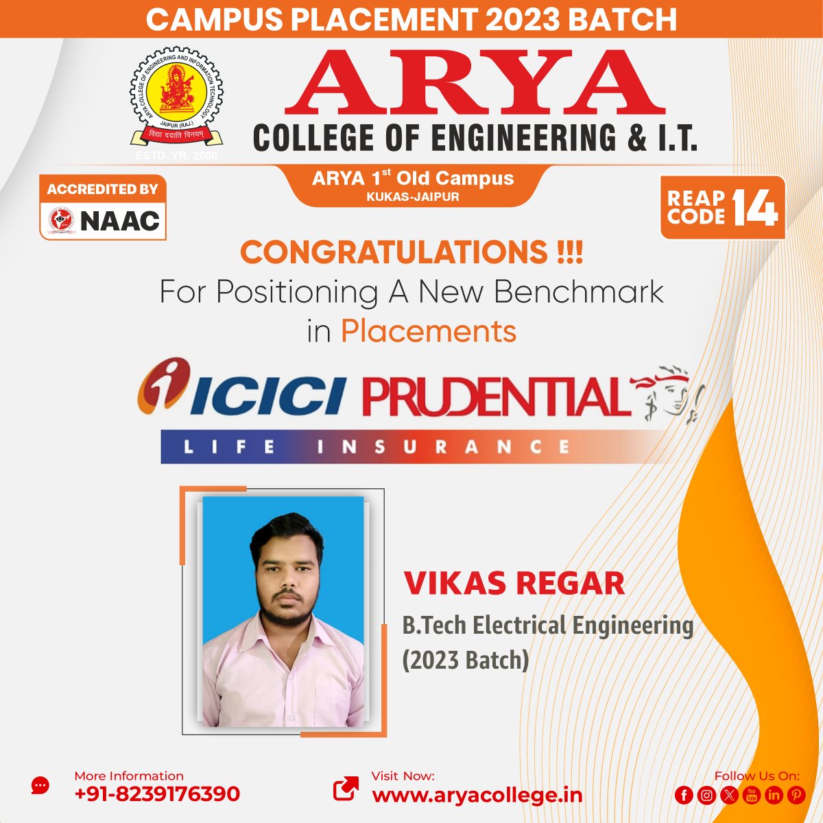 aryacolleges's tweet image. Heartiest Congratulations to Mr. Vikas Regar, BTech Electrical Engineering Batch-2023 for getting placed with ICICI Prudential Life Insurance during Campus Placement 2023! 

#AryaCollege of Engineering &amp;amp; IT, Jaipur wishes him good luck for him future! 

#placements #placement2023