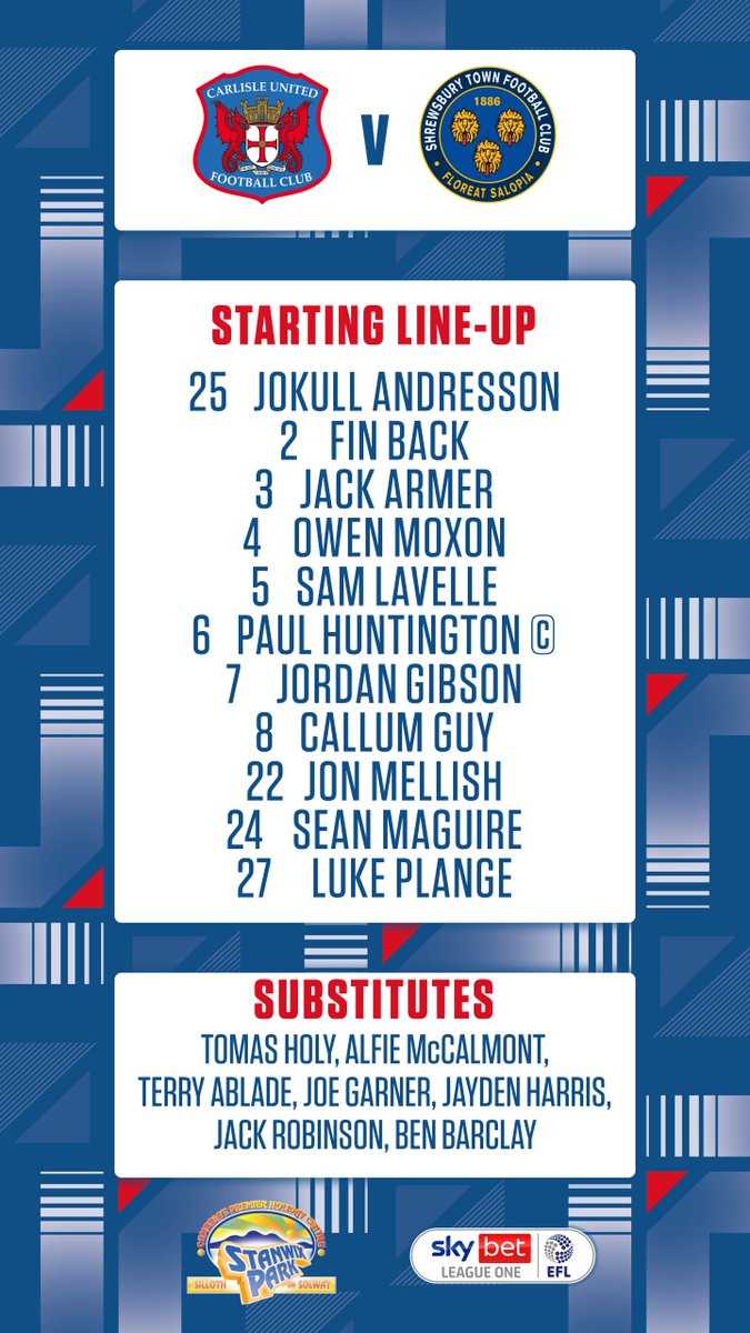 Your team for today's game against <a href="/shrewsburytown/">Shrewsbury Town FC</a> sponsored by <a href="/StanwixPark/">Stanwix Park</a> 👇
