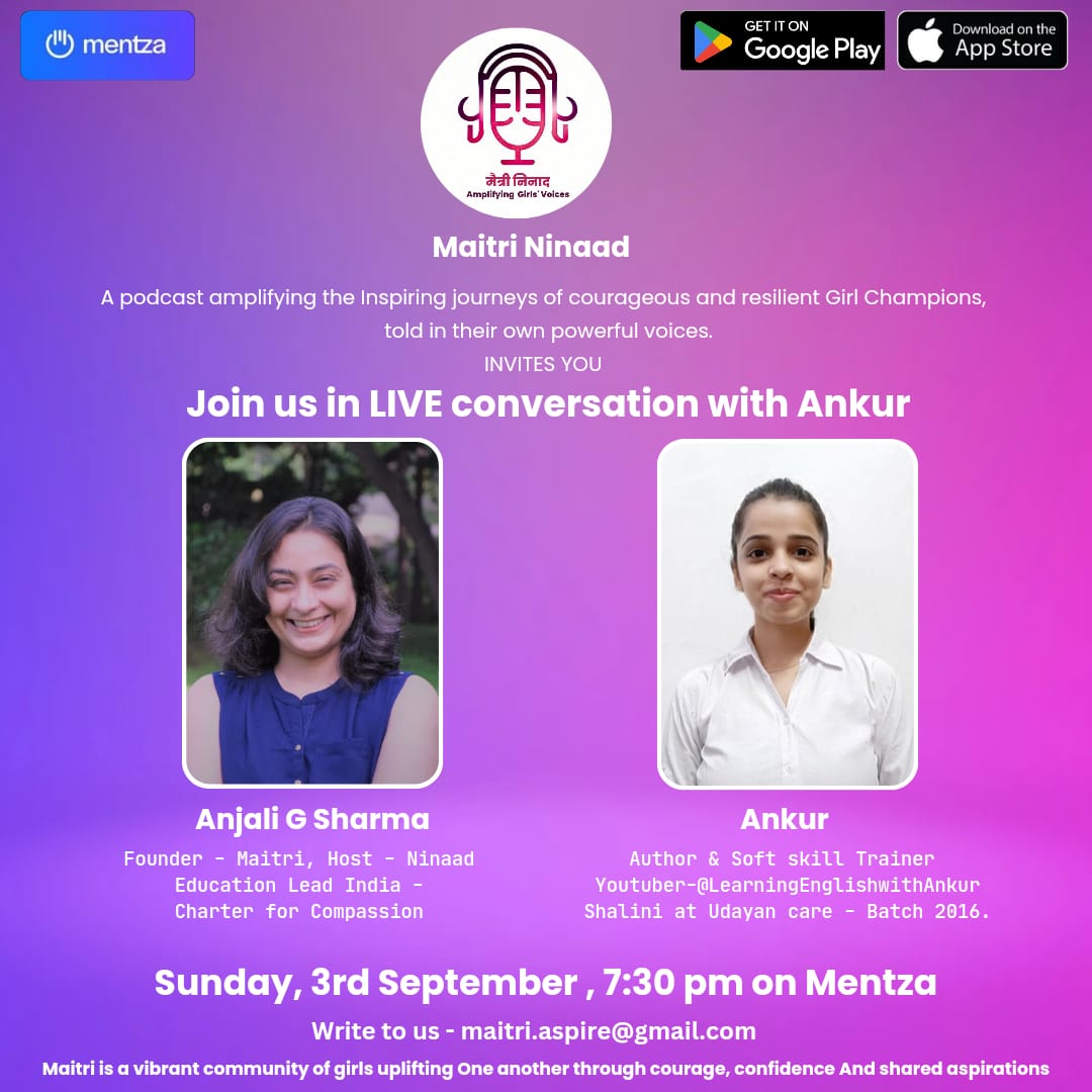 Tomorrow, join me in conversation with Ankur who is a an alumnus of SKV, Rohini, Delhi and Shalini at @udayancare. 

Please hear her share her journey of navigating through challenges and achieving so much at such a young age. 

#AmplifyingVoices #EmpoweringGirls
#MaitriNinaad