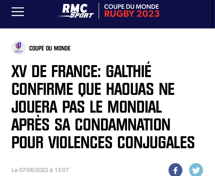 AnttonRouget's tweet photo. ❌ Mohamed Haouas, écarté de l’équipe de France de rugby après sa condamnation pour des violences conjugales.

✅ Bastien Chalureau, appelé en équipe de France malgré sa condamnation pour des violences racistes.

Quelle est la doctrine, @FranceRugby ?

#RWC2023 https://t.co/TtK8BvHZX1