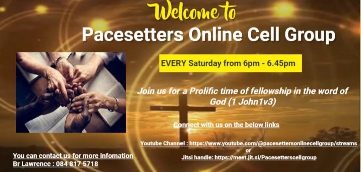 CellPacesetters's tweet photo. Join us for a prolific time in the fellowship of the word of God which liveth and abides forever (1 Peter 1:23
#CellGroup
#KeepSayingIt
#ReachOutWorld
#PastorChris
#CapeTown
#TheYearOfTheProlificChurch
#Mzansi
#HealingStreams
#KeepSayingIt
#HealingToTheNations
#healingstreams https://t.co/BYPK4AB1gb