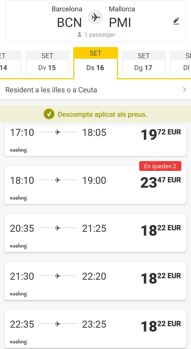 🛫BCN-PMI

Preu general: 18.99 €
Amb descompte de resident: 18.22 €

Bé, idò gràcies per res.
