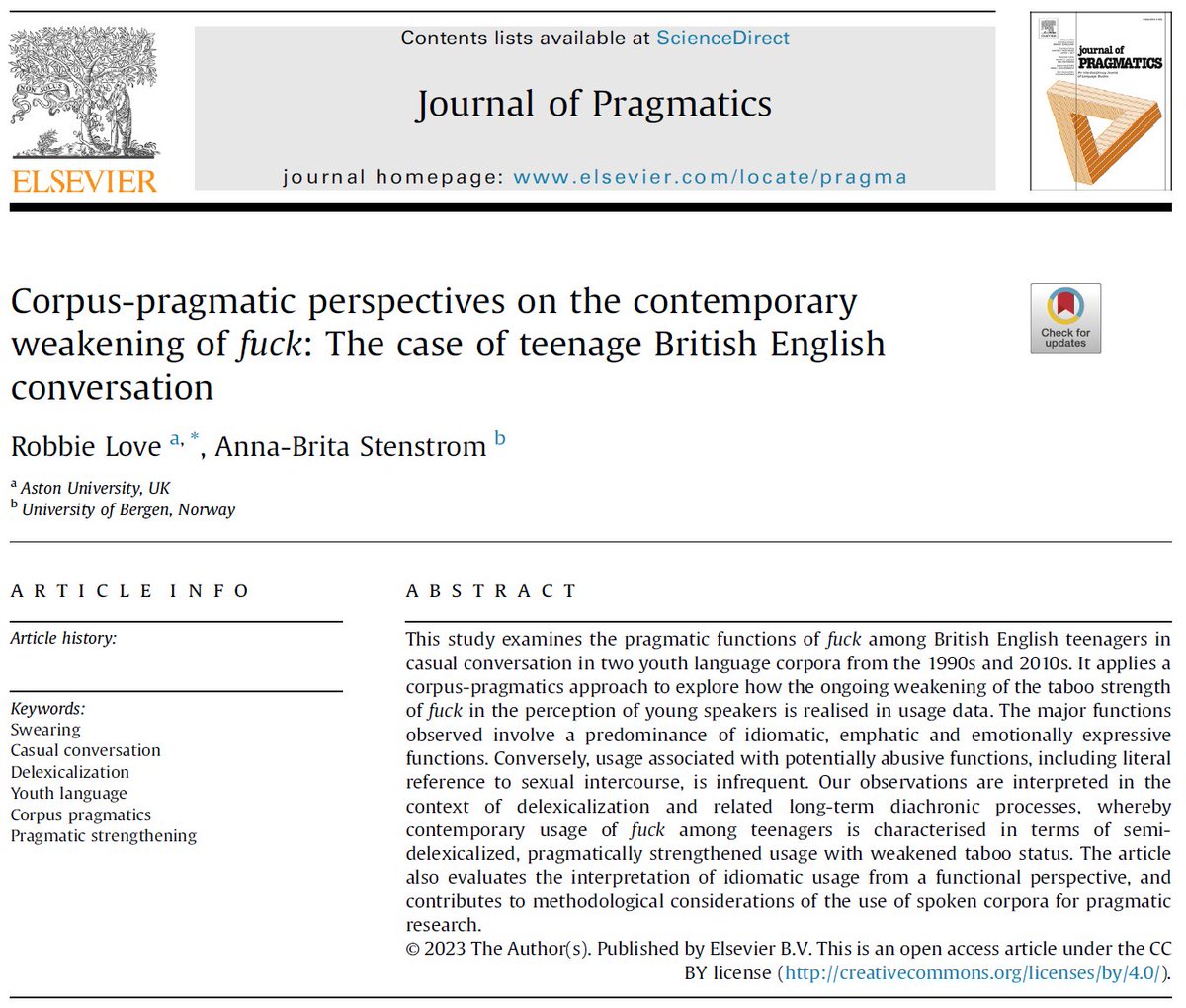 New paper! "Corpus-pragmatic perspectives on the contemporary weakening of 𝘧𝘶𝘤𝘬: The case of teenage British English conversation", written with Anna-Brita Stenström for the Journal of Pragmatics.
Available open access here: doi.org/10.1016/j.prag…