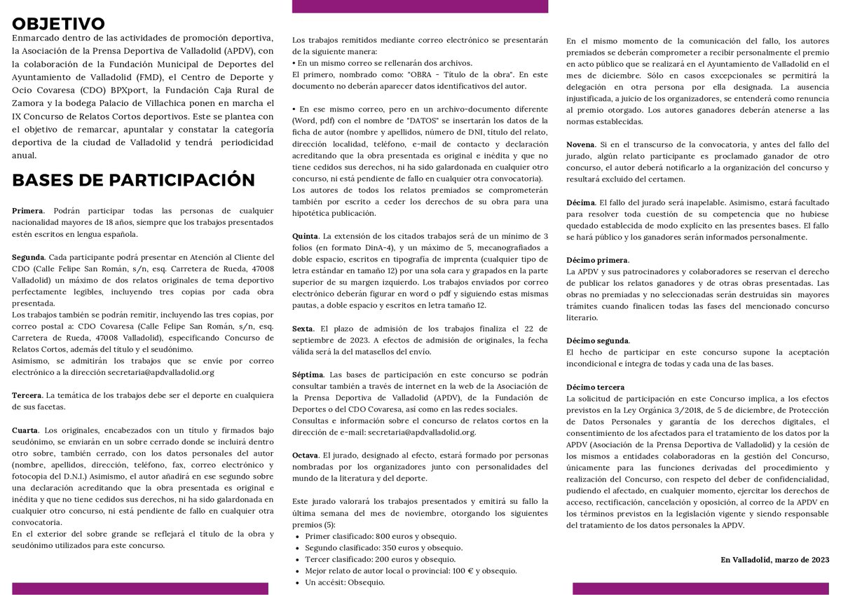 APDValladolid's tweet photo. 📝El Concurso de Relatos Cortos Deportivos de la APDV mantiene abierto el plazo de recepción de trabajos hasta el 22 de septiembre
https://t.co/JDvmnLJv7o
@DeportesVLL
@cdo_covaresa
@cajaruralzamora
@villachicawine https://t.co/IpN3k7CccP