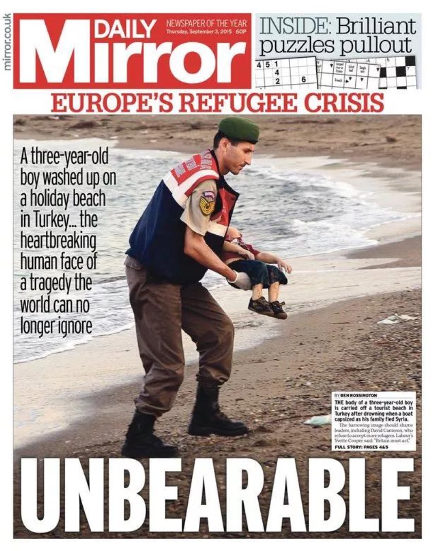 Eight years ago, we woke up to one of the most horrifying, heartbreaking pictures  most of us had ever seen: the image of two-year-old Syrian refugee Alan Kurdi washed up on Turkish beach.

What are we to make of the response to that image eight years on?🧵