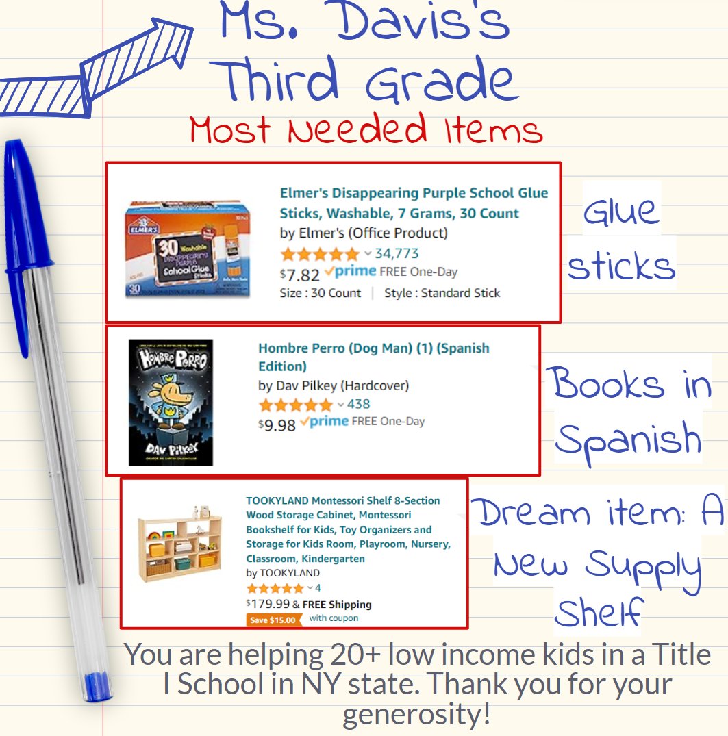 Jessicadavis272's tweet photo. @afuturesuprhero @PatrickTheGiver @amazon 📘I'm a teacher, mom, and grad student
📘3rd grade
📘Title I School in NY
Hoping for glue sticks, pencils, and books in Spanish.
Thank you for helping teachers! #clearthelist
https://t.co/A99CfTjYio https://t.co/5ev5g5LCTP