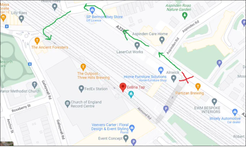 👋 hey! Those of you visiting the #BermondseyBeerMile today might notice that getting to us, <a href="/BatterseaBrew/">BatterseaBrewery</a> &amp; <a href="/threehillsbrew/">Three Hills Brewing</a> requires a little more finesse than usual-as the access from Raymouth Road is closed, please follow the attached map. Look forward to seeing you later!